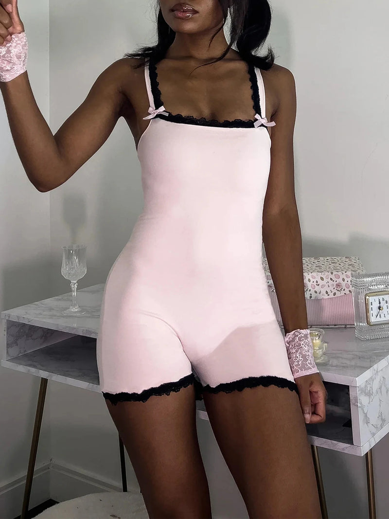 Contrast Lace Patchwork Square Collar Skinny Straps Rompers Playsuits Sweet Y2k Clothing
