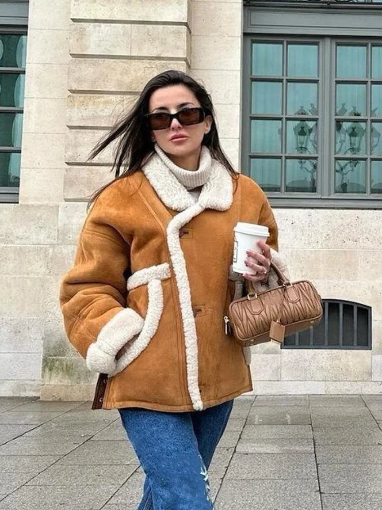 Lamb Woolen Spliced Warm Coat for Side Buttons Lapel Full Sleeve Jackets Lady Autumn Winter Thick Outwear