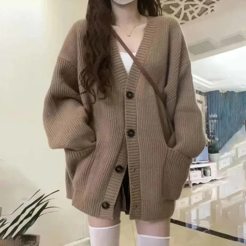 Autumn Winter Cardigan Sweater Coats Female Long Sleeve V-neck Loose Knitted Jackets Sweater Cardigans