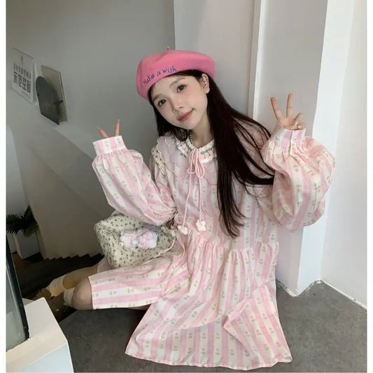 Sweet 3d Hook Flower Stripe Pink Dress Summer New Embroidered Girl Doll Neck Loose Aline Midi Dress for