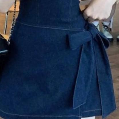Blue Denim Dresses Sleeveless Bandage Bow Vestidos Para Mujer Korean Mini Dress