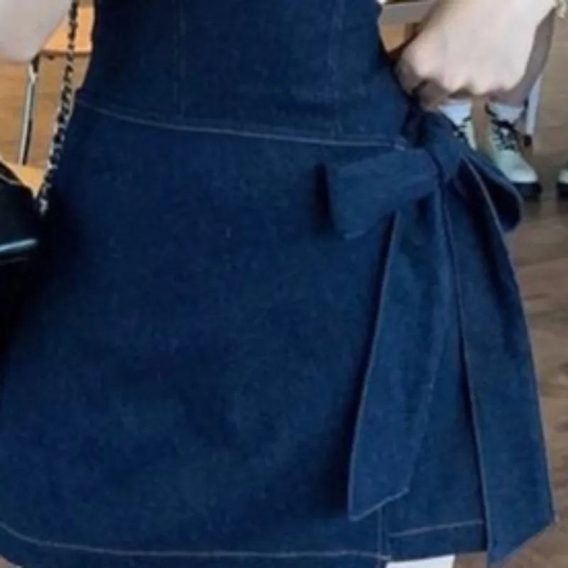 Blue Denim Dresses Sleeveless Bandage Bow Vestidos Para Mujer Korean Mini Dress