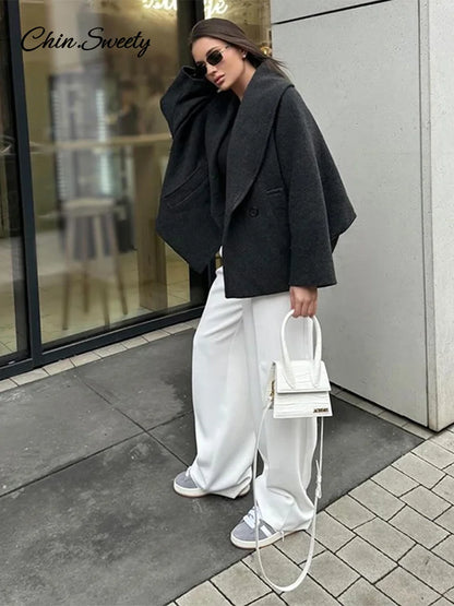 Retro Loose Woolen Blend Coat Lapel Double-breasted Long Sleeve Pocket Thick Gray Jacket Autumn Spring