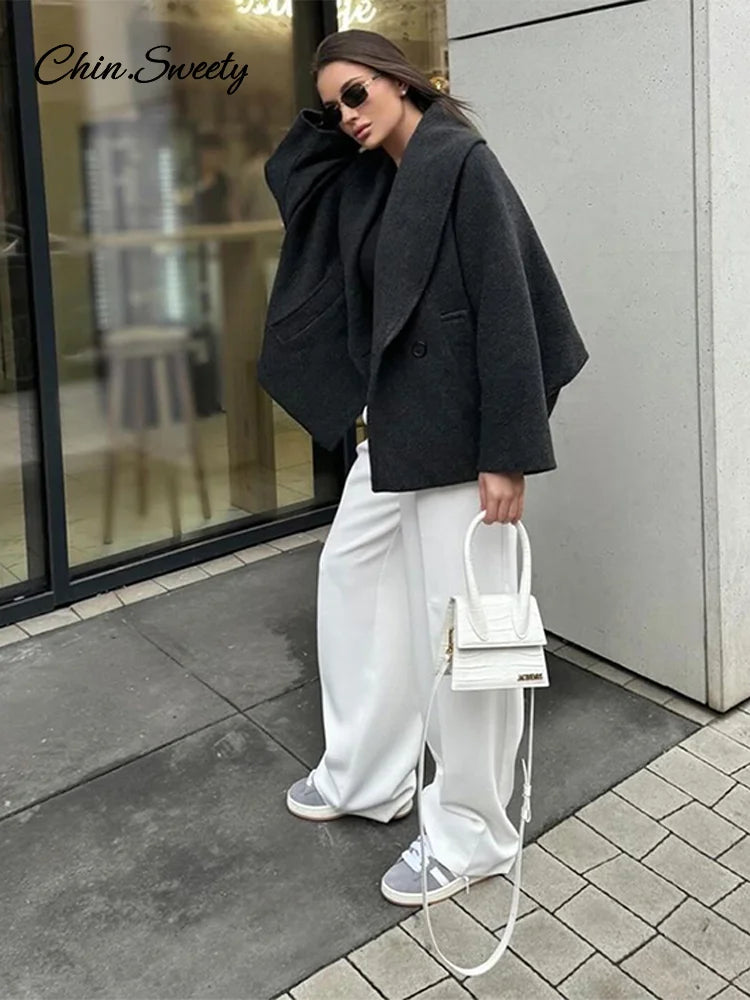 Retro Loose Woolen Blend Coat Lapel Double-breasted Long Sleeve Pocket Thick Gray Jacket Autumn Spring