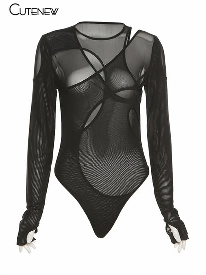 Mesh See Through Irregular Hollow Bodysuit O-neck Long Sleeves Stretch Club Party Lady Rompers