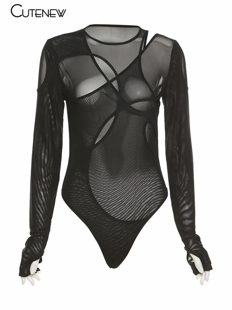 Mesh See Through Irregular Hollow Bodysuit O-neck Long Sleeves Stretch Club Party Lady Rompers