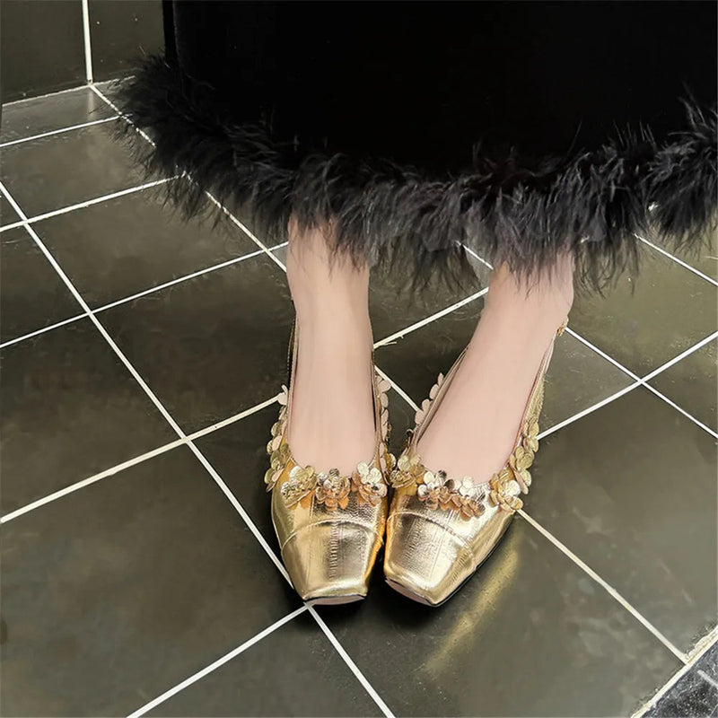 New Genuine Leather Pumps Flowers Decoration Party Wedding Shoes Woman Slingbacks Summer Sandals Pumps