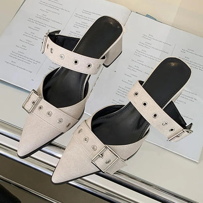 Pumps Belt Buckle Pointed Toe Black High Heel Mule Summer Slides Half Slipper Shoes for Big Size 43