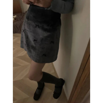 Contrast Color Bow Spliced Velvet Aline Skirt Spring New Korean High Waist All Match Mini Skirt