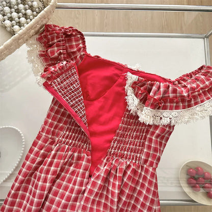 Sweet Gentle Dresses Waist Slimming Plaid Long Dress Vestidos Summer New French Design Slimming Skirt