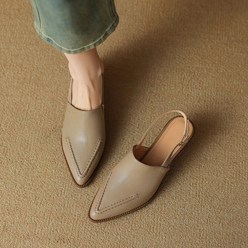 New Summer Sandals Genuine Leather Shoes for Pointed Toe Chunky Heel Shoes Simple Cover Toe Slingback Buckle Sandals
