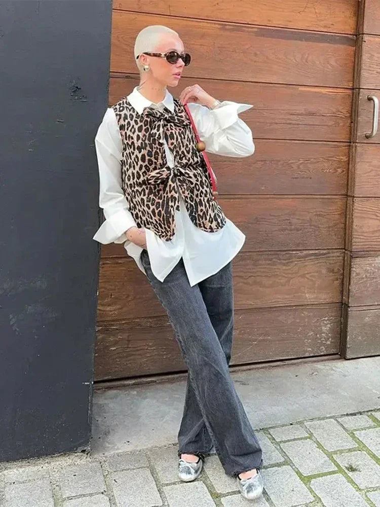 Leopard Printed Lace Up Top for V Neck Sleeveless Vest New Spring Summer Female High Street Wasitcoat