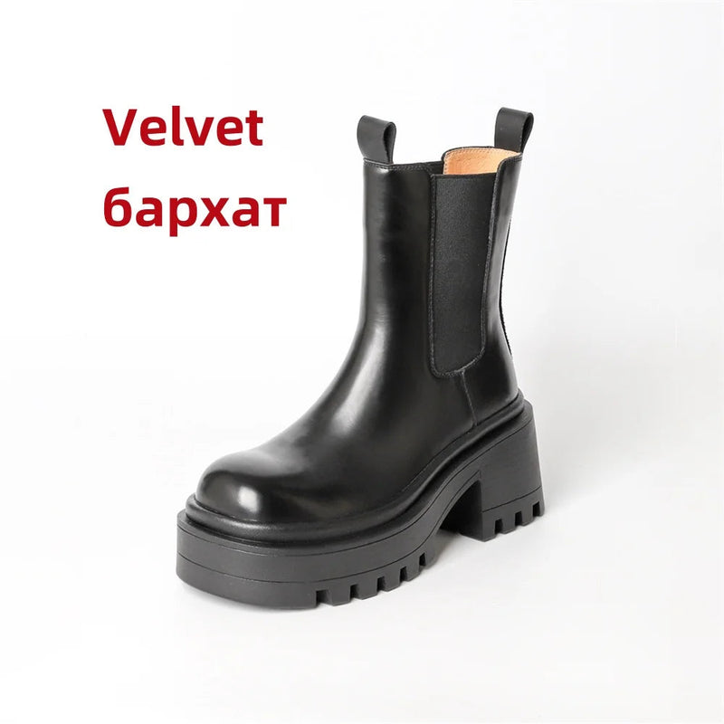 Platforms Ankle Boots Genuine Leather Thick Sole Ankle Female Punk Motorcycle Shoes Combat Booties