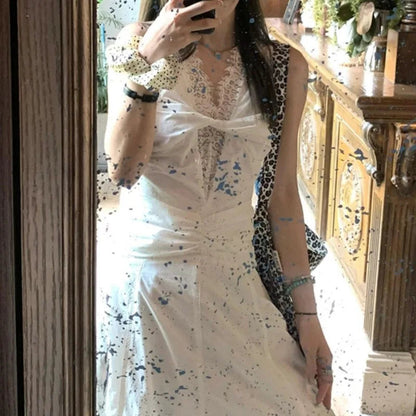 Y2k White Long Dresses Lace Patchwork Spring Summer Dress V Neck Korean Vestidos Mujer