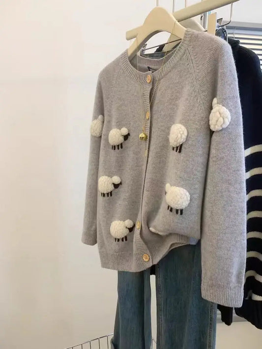 Sweet Hot Girl Threedimensional Lamb Knitted Cardigan Autumnwinter Thickened Oneck Longsleeved Loose Sweater