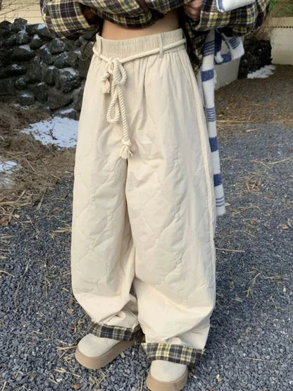 Retro Plaid Spliced Pants Y2k Hip Hop Loose Drawstring Straight Winter Thick Trouser Kpop Slacks