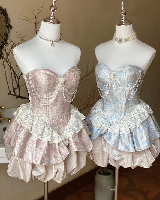 Sweet Elegance Retro Jacquard Strapless Dress for Lolita Dresses Pearl Pendant Slim Fit Patchwork Mini Dress