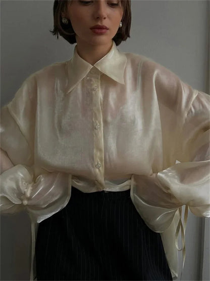 Loose See-through Shirts Coat Female Lapel Long Sleeve Lace-up Summer Outwear ’s Patchwork Blouse