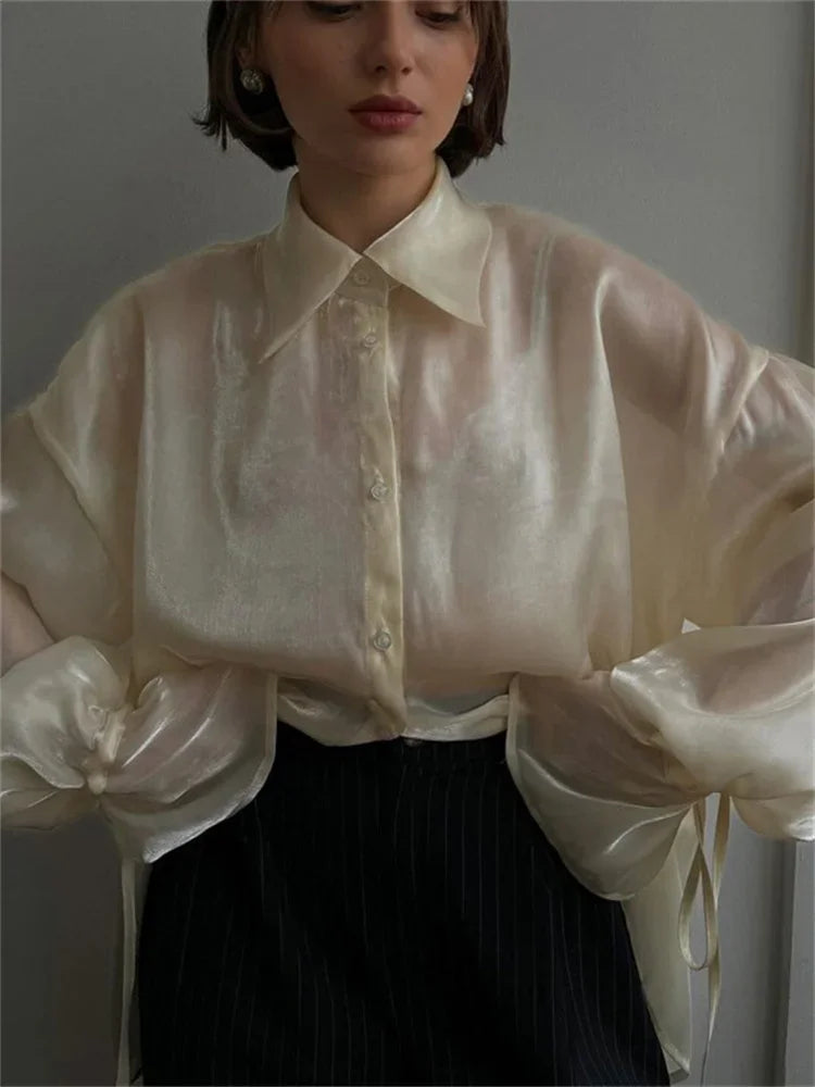 Loose See-through Shirts Coat Female Lapel Long Sleeve Lace-up Summer Outwear ’s Patchwork Blouse