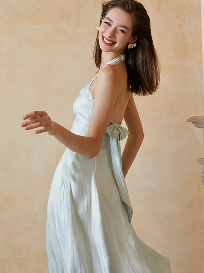 Summer Dress Halter Stain Slim Female Backless Party Clothing French Style Lady Aline Vestidos Midi Dresses