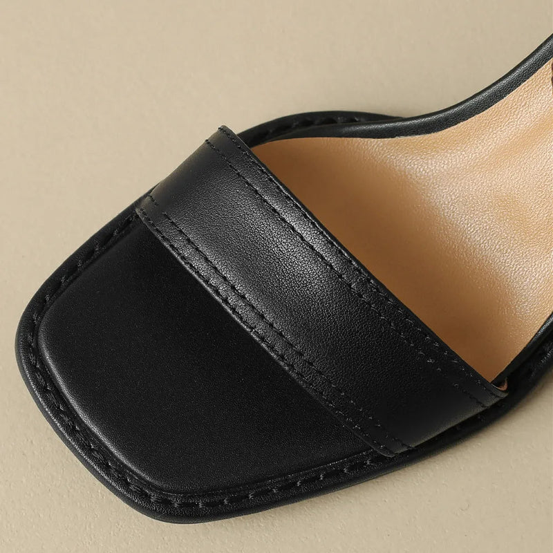 Genuine Leather Sandals Narrow Band Ankle Strap 6cm Thick Med Heel Open Toe Summer Pumps Heels Shoes for 42