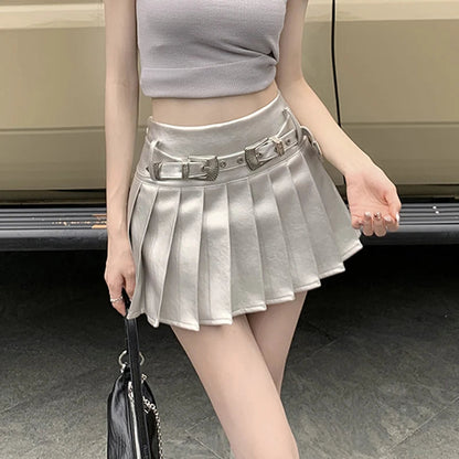Summer Silver Pleated Skirt Y2k Short Leather Skirt Harajuku Korean Kawaii Aline Mini Skirts