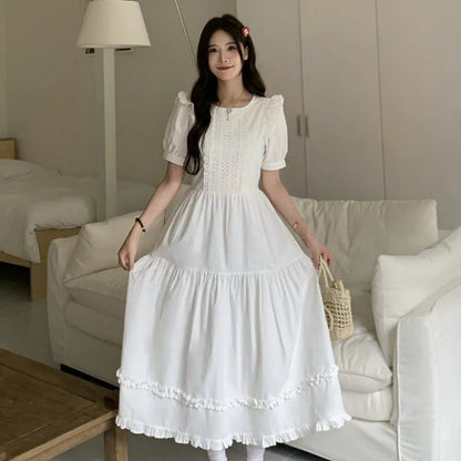 White Long Dresses Puff Sleeve Spring Summer Vestidos Mujer Korean Ruffles Sweet Dress