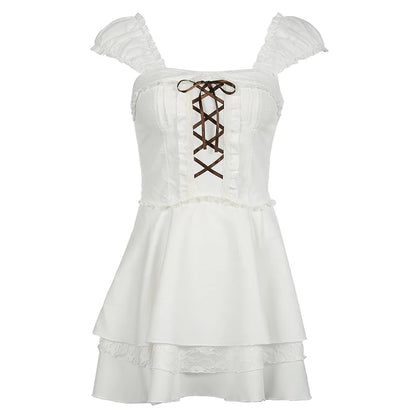 Y2k Contrast Bandage Bow Aline Mini Dress for Holiday Party Coquette Aesthetic Short Sleeve Tiered Dresses Sweet Robe