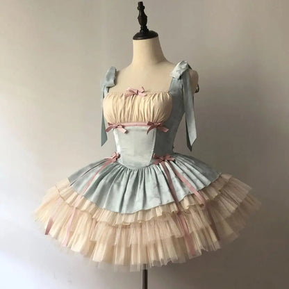Little Ribbon Lolita Lace Sling Dress Sweet Sp Ballet Style Cake Princess Puffy Onepiece Dress Summer Pettiskirt
