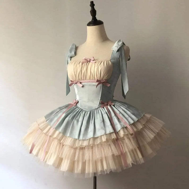 Little Ribbon Lolita Lace Sling Dress Sweet Sp Ballet Style Cake Princess Puffy Onepiece Dress Summer Pettiskirt