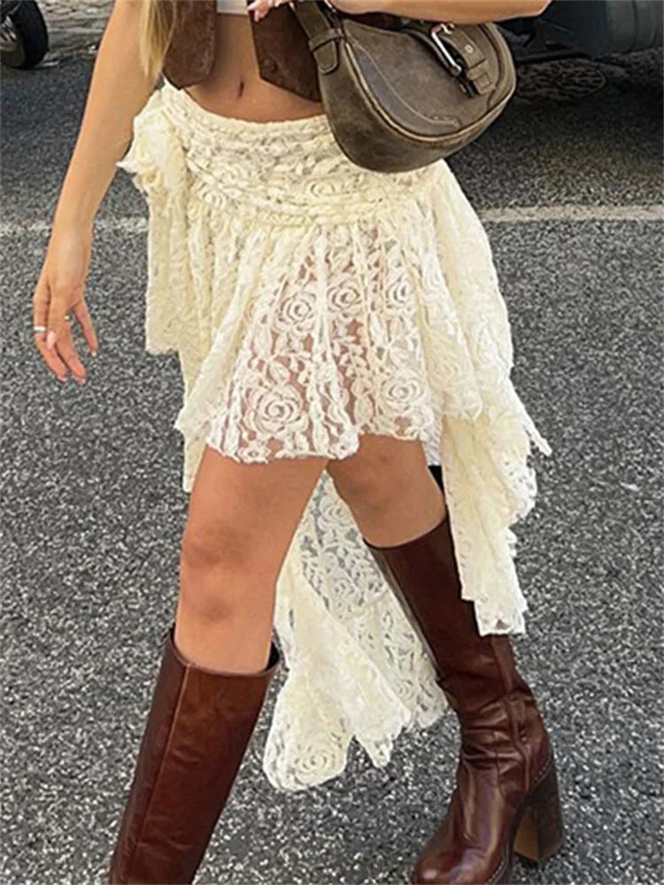Hollow Out Tiered Maxi Skirt Female Lace Patchwork Summer High Street Y2k Long Skirt High Split Maxi Skirt