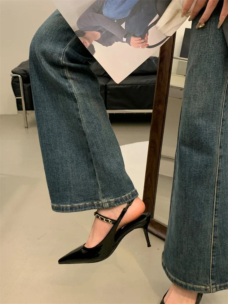 Summer Street Style Rivet Pointed Toe Pumps Sandals Buckle Strap Thin Heels Party Prom Stripper Shoes