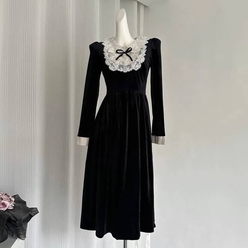 French Princess Evening Party Dresses Lace Patchwork Velvet Mini Dress A-line Korean Autumn Vestidos Mujer