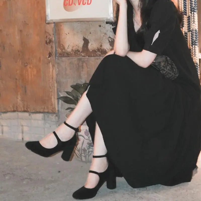 New Black Suede Mary Janes Shoes Chunky Heel High Heels Round Toe Pumps Party Dress Shoes Zapatos De Mujer