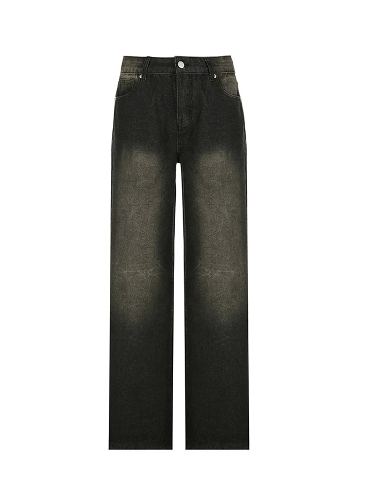 American Retro Straight Leg Jeans Woman Street Style Distressed Denim Pants