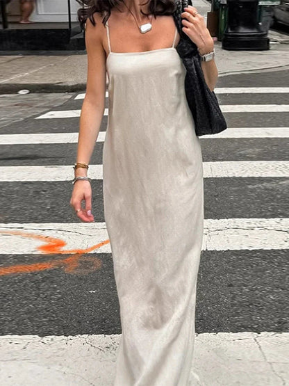 Slip Dress Summer Cotton Lined Loose Dresses Sleeveless Thin Straps White Long Dresses Backless Beach Holiday Dresses