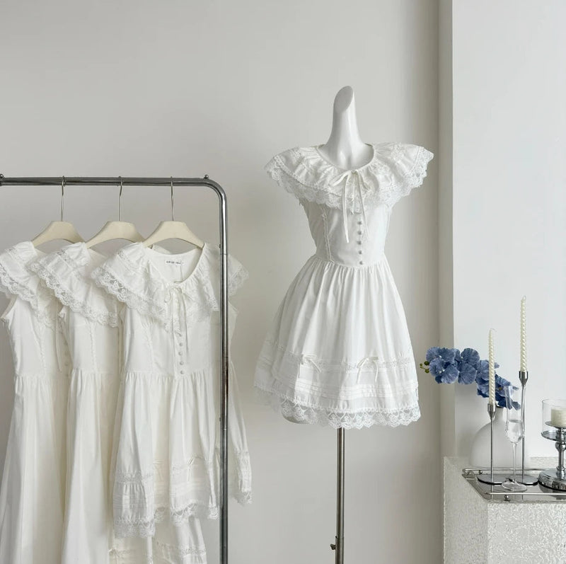 Sweet White Lace Dress Evening Party Turndown Collar Mini Dress French Midi Dress Summer