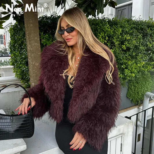 Winter Hot Iconic Blogger Burgundy Faux Fur Coat Overcoat Shawl Collar Lamb Fur Jacket