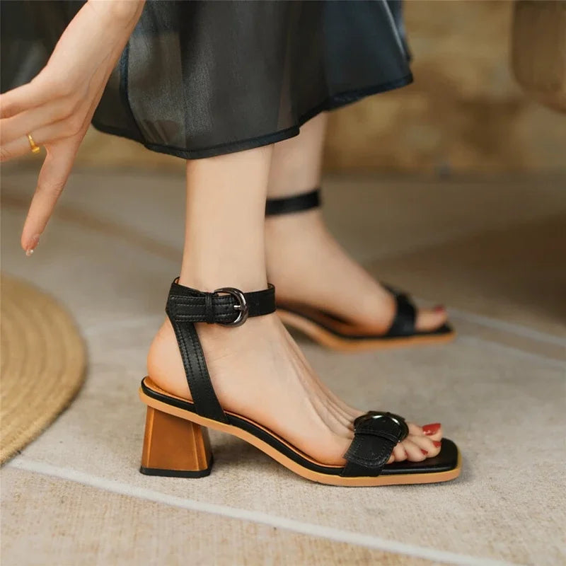 New Summer Shoes Square Toe Chunky Heel Sandals Cow Leather High Heels Band Shoes Black Shoes for