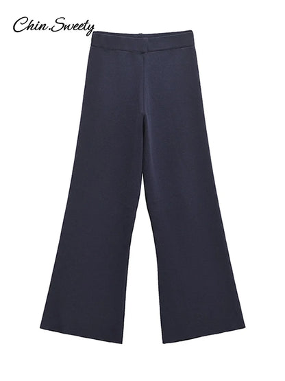 Knitted Pants 2 Piece Set O-neck Sleeveless Ruffle Hems Pullover High Waist Elastic Pant Lady New in Matching Suits