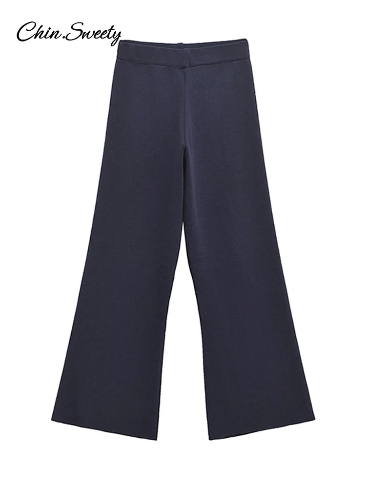 Knitted Pants 2 Piece Set O-neck Sleeveless Ruffle Hems Pullover High Waist Elastic Pant Lady New in Matching Suits