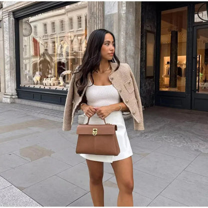 O-neck Pockets Short Coats for Autumn Long Sleeve Single Breasted Tweed Jacket New Cropped Coats Female