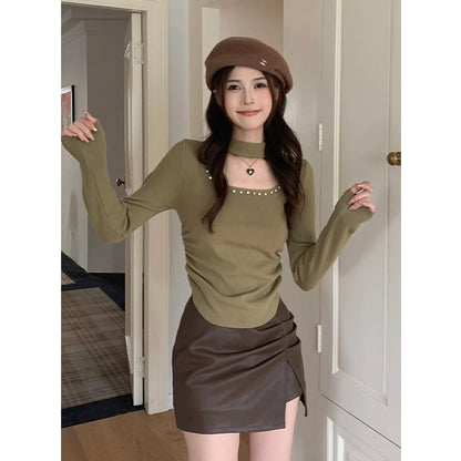 No Maillard Rule Neck Cutout Knitted Bottoms Autumn Design Sense of Pure Spice ' Slim Fit Short Suit Sweater