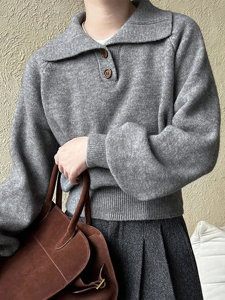 Knitted Lapel Sweaters Loose Button Long Sleeve Pullover Sweater Female Autumn Base Tops