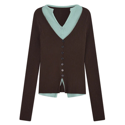 Y2k Brown and Mint Green Fake Two Pieces Knitwear Slim Button Up Cardigan Autumn Winter Ribbed Sweater Korean