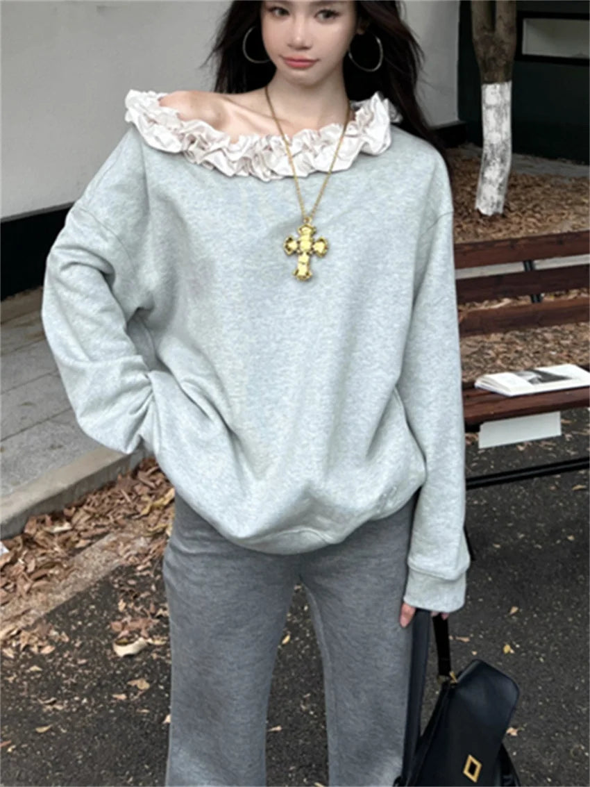 Grey Sweet Florals Sweatshirts Loose Spring Mujer Skew Collar New Daily All Match