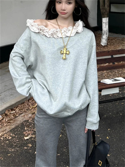 Grey Sweet Florals Sweatshirts Loose Spring Mujer Skew Collar New Daily All Match