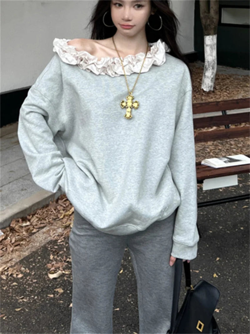 Grey Sweet Florals Sweatshirts Loose Spring Mujer Skew Collar New Daily All Match
