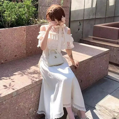 Lace Sweet Cloak Design White Dress Summer New Off Shoulder Bow Short Sleeve Waist Slimming Aline Long Dress for