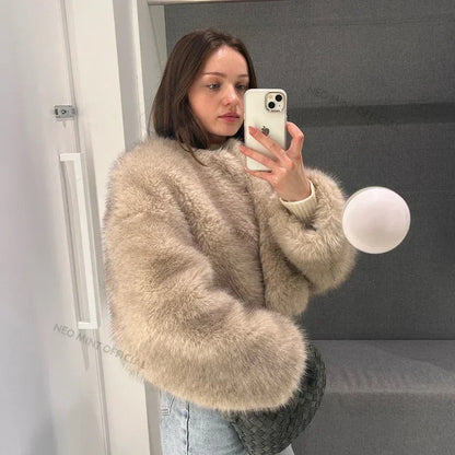 Brand Icon Kendall Jenner Brown Gradient Faux Fur Jacket Winter New Cropped Fox Fur Coat